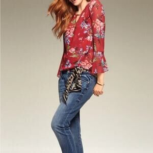 New CABI ANTHROPOLOGIE Women's Red Floral Bell Sleeves Blouse Size S